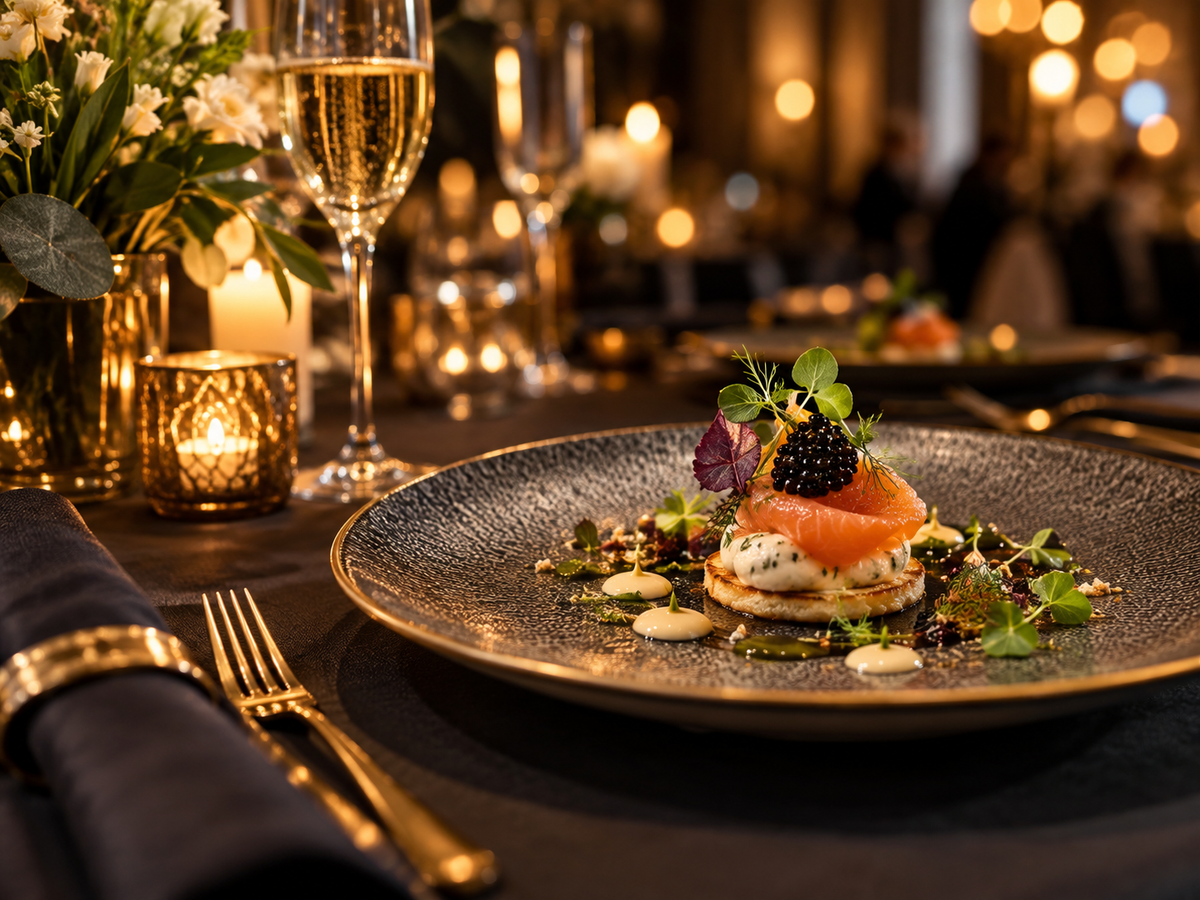 Festlich gedeckter Tisch mit Kerzen und Blumen bei einem Event
